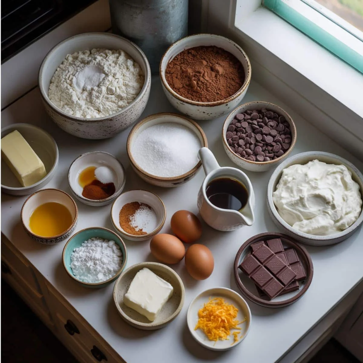 Ingredients for chocolate cannoli cake laid out on a white kitchen counter.	
