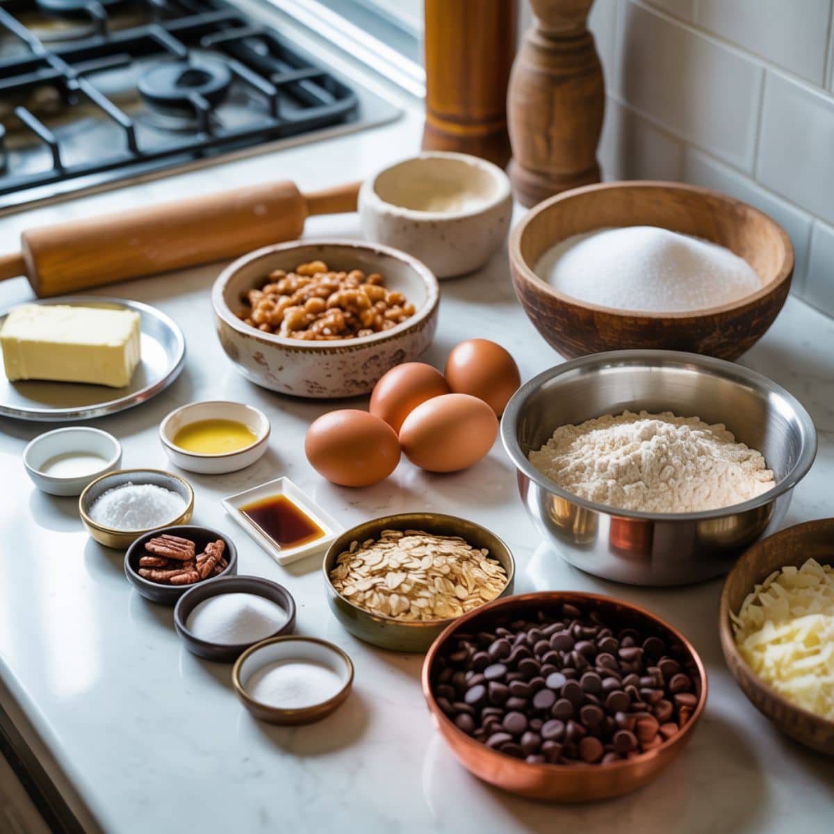 Laid out ingredients for Cowboy Cookie Crumbl on a white counter	