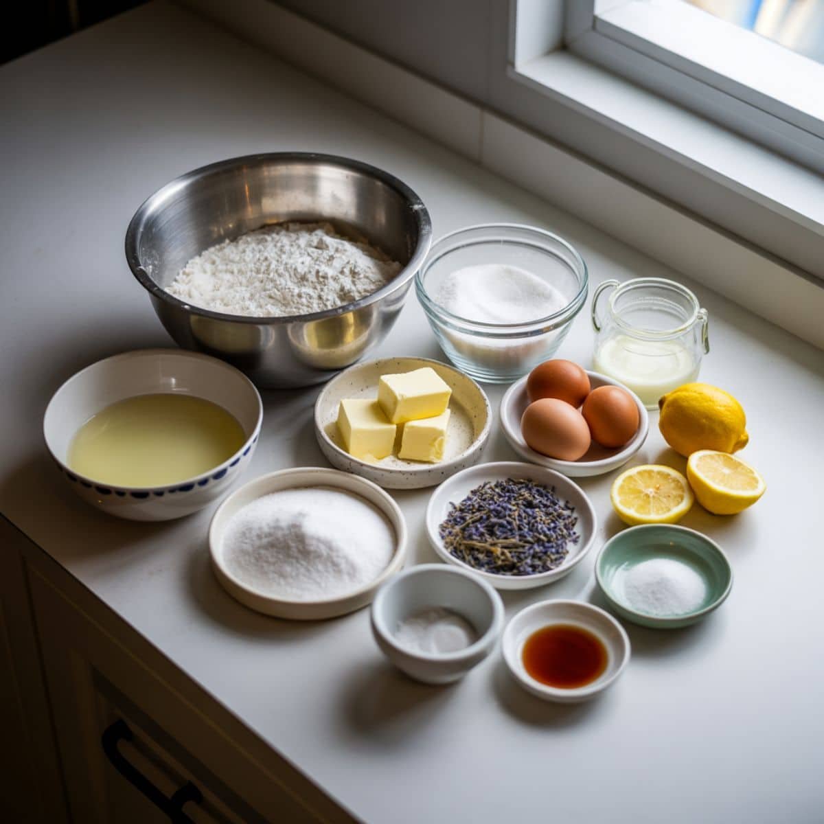 Ingredients for lemon lavender cake laid out on white kitchen counter	