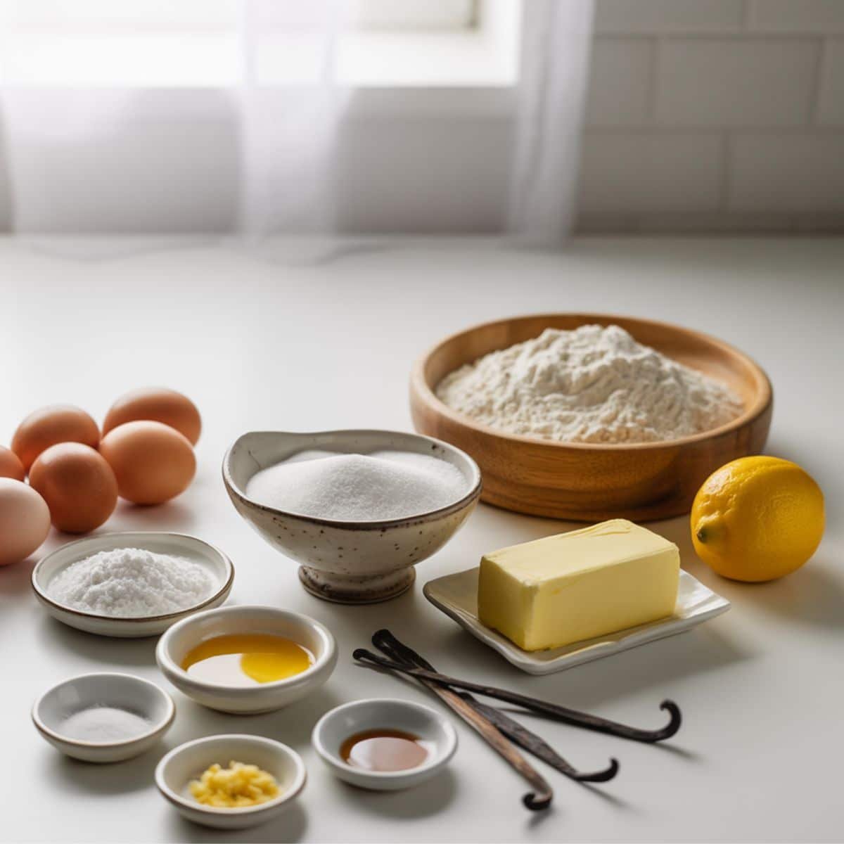 Ingredients for lemon madeleines arranged on a white kitchen counter	