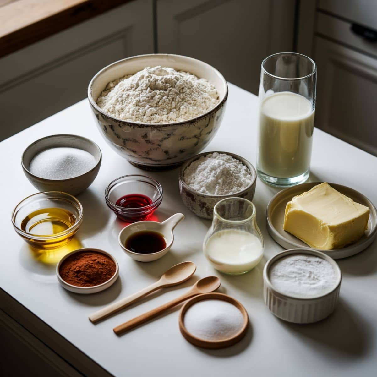 All ingredients laid out for making red velvet cheesecake bundt cake	