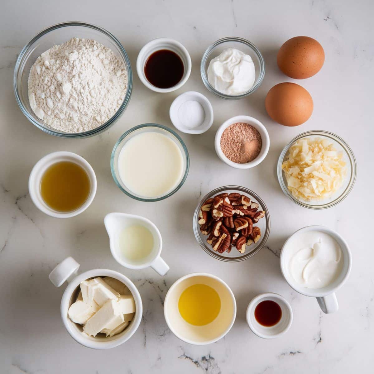 Laid out ingredients for chocolate bundt cake on white counter	