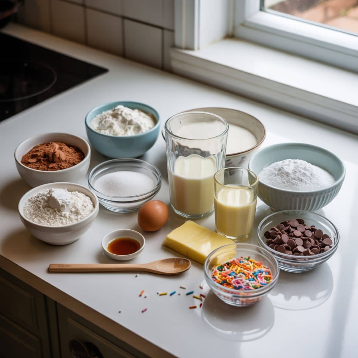 Mini chocolate donut ingredients arranged in bowls on a white kitchen counter	