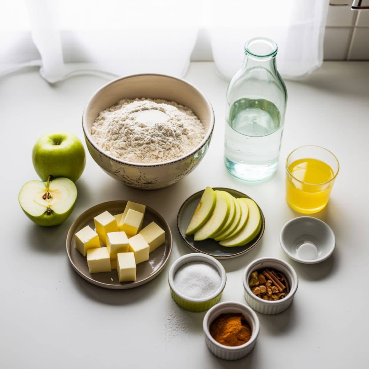 Apple tart ingredients laid out on a white kitchen counter