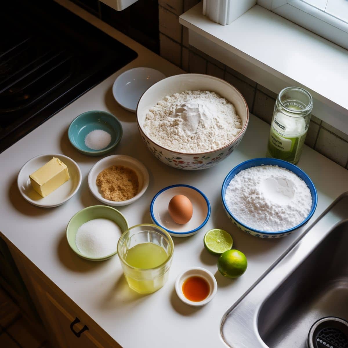 Measured ingredients for key lime cookies on a white kitchen counter	