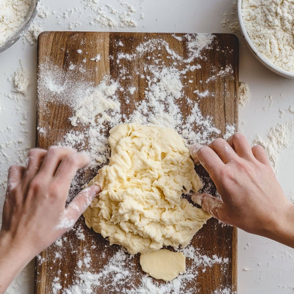 Homemade empanada dough being kneaded by hand on a floured white counter, butter still visible for flakiness.