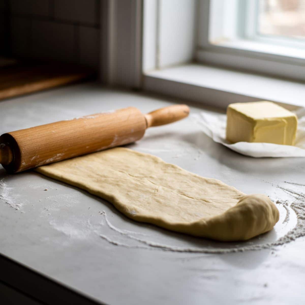 Rolling croissant dough with butter block inside on a floured surface	