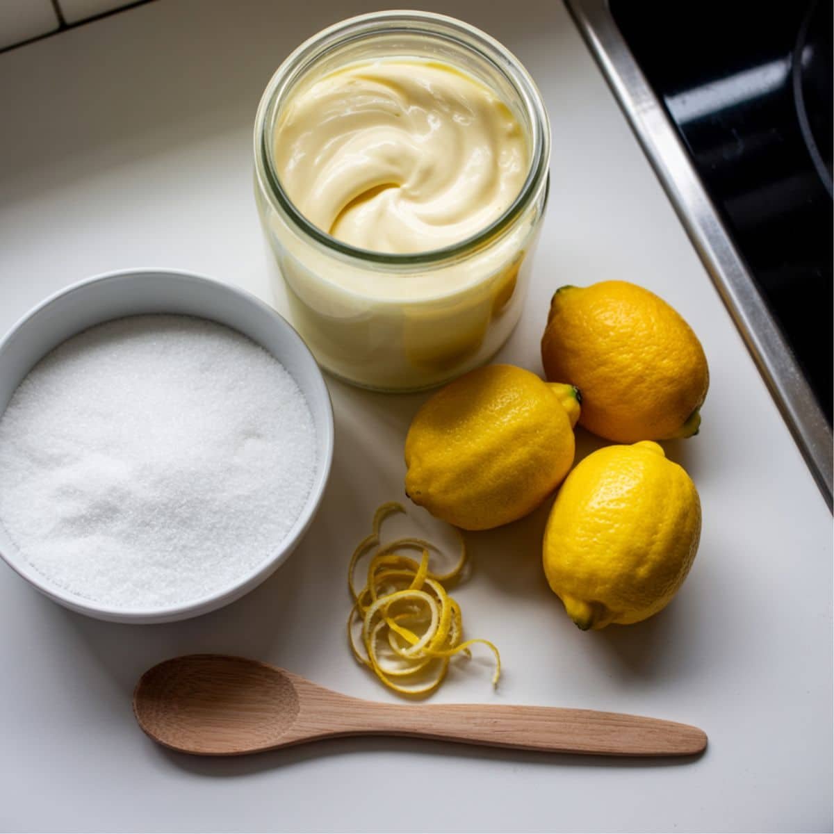 Ingredients for Lemon Posset Brulee laid out on a white kitchen counter	