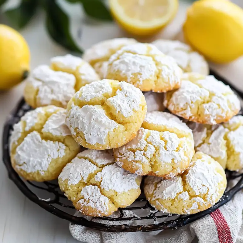 Homemade lemon crinkle cookies with cracked powdered tops on a white background