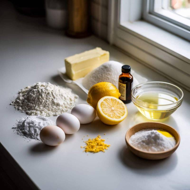 Lemon crinkle cookie ingredients laid out casually on a white countertop