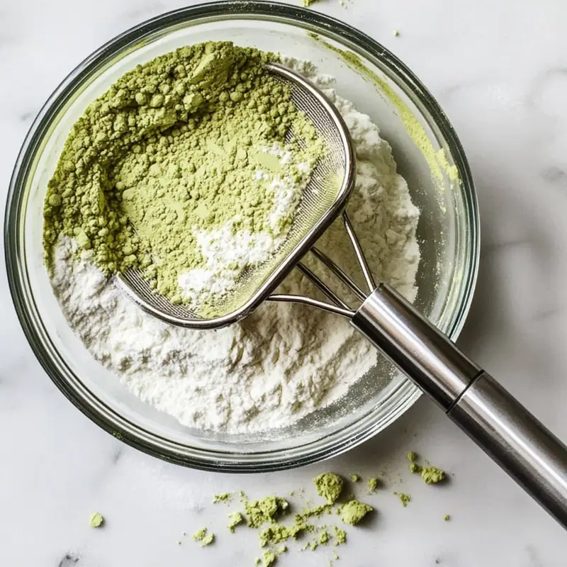 Cake flour and bright green matcha powder being sifted together. Natural overhead view with casual home baking tools.