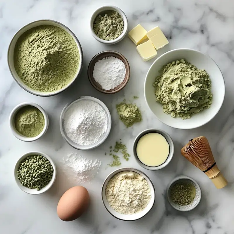 All ingredients for matcha cake laid out on a white counter. Matcha powder and baking basics in imperfect bowls.