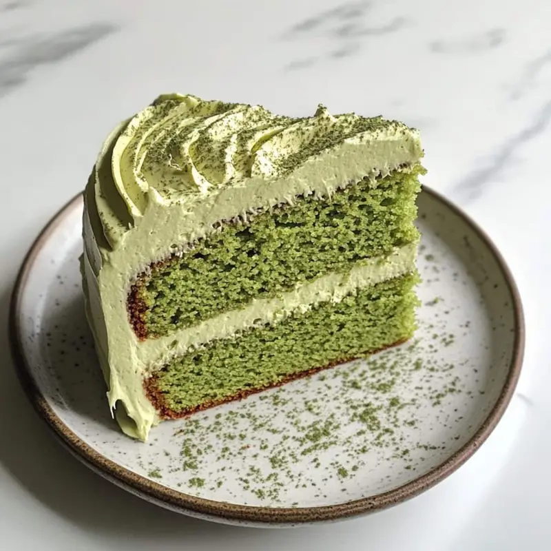 Vibrant green slice of matcha cake with cream cheese frosting. Crumbs on the plate in a casual homemade setting.