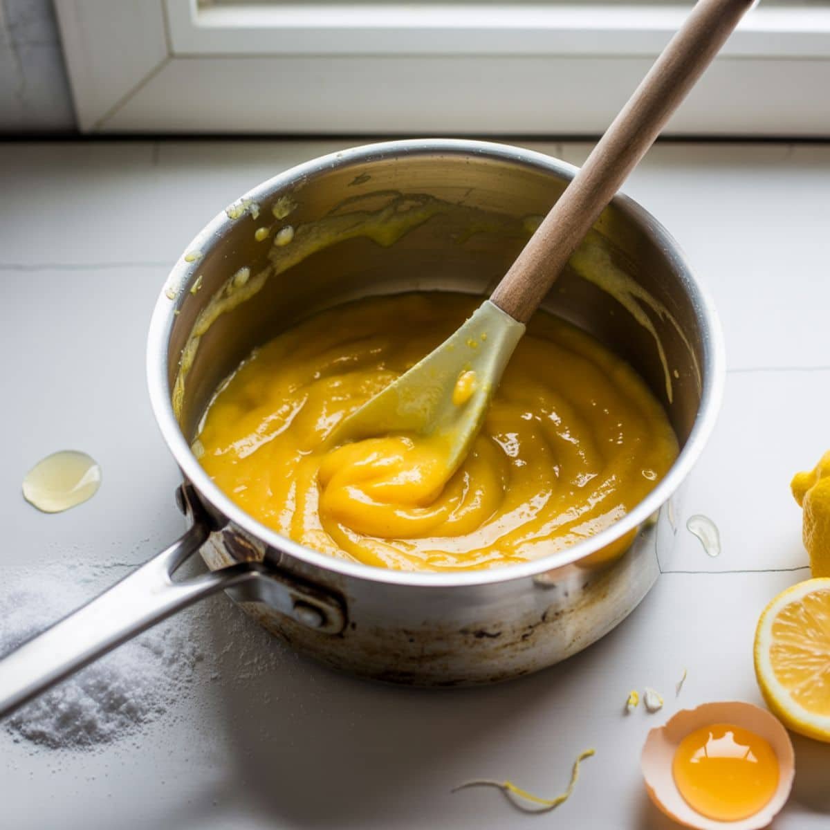 Whisking lemon curd in a saucepan on white counter with zest and eggs	