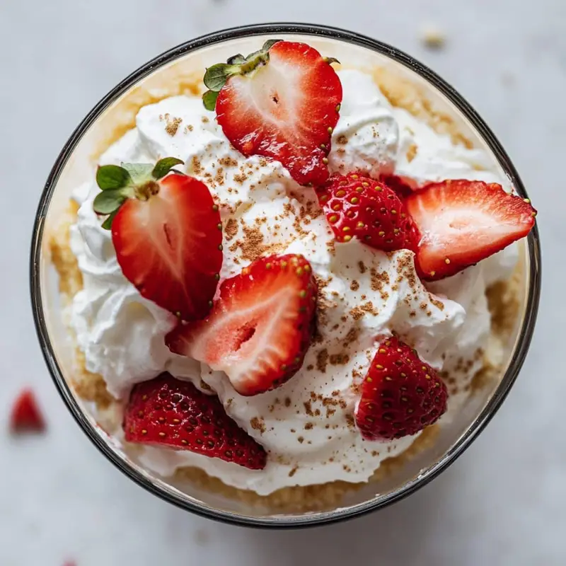 No-bake strawberry shortcake in a glass dish with cream and fresh strawberries	