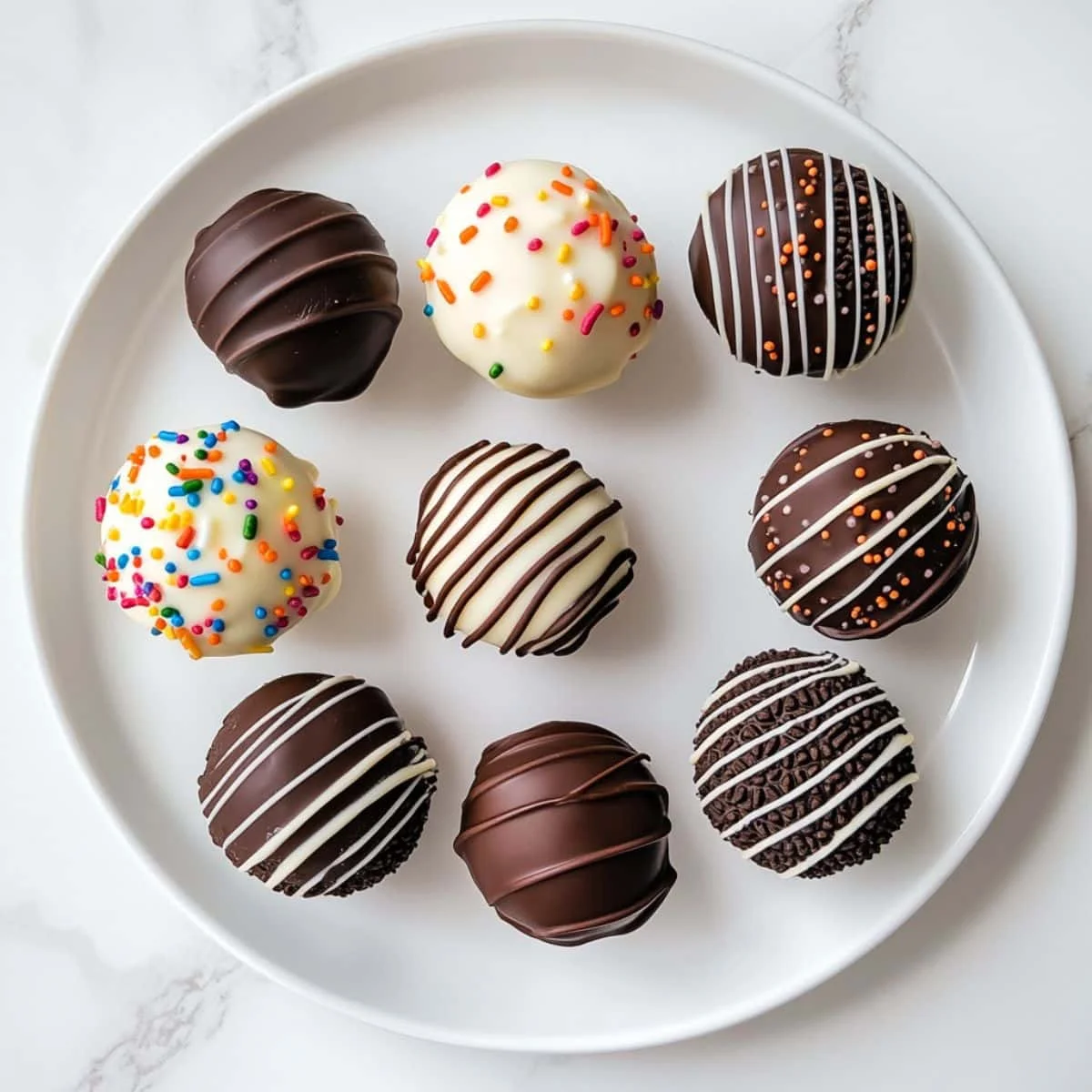 Homemade Oreo cake pops dipped in white chocolate with chocolate drizzle	