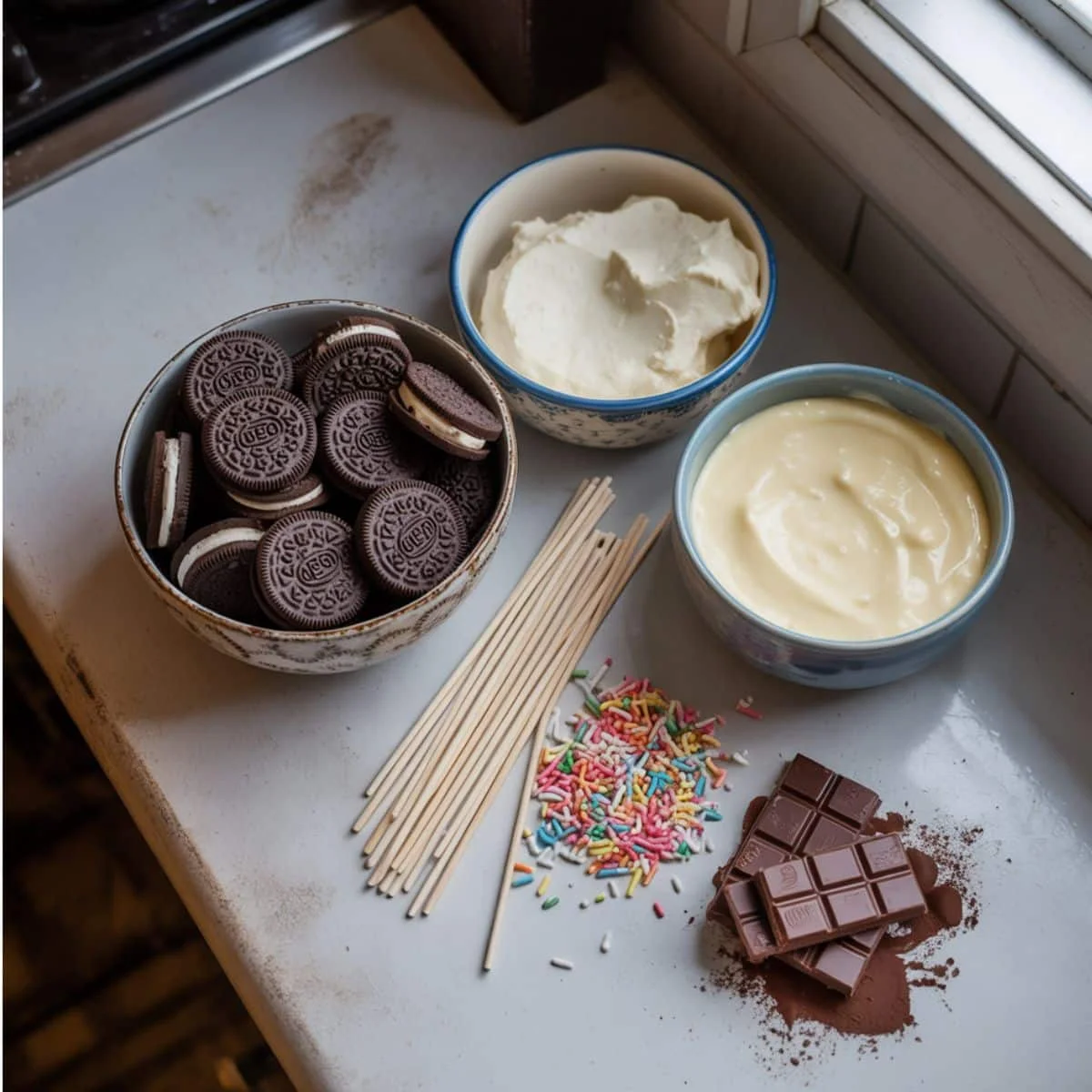Ingredients for Oreo cake pops laid out on a white counter	