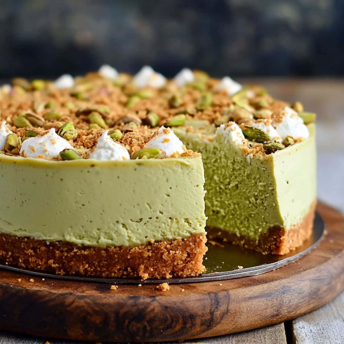 A homemade pistachio cheesecake with whipped cream and crushed pistachios on a wooden board	