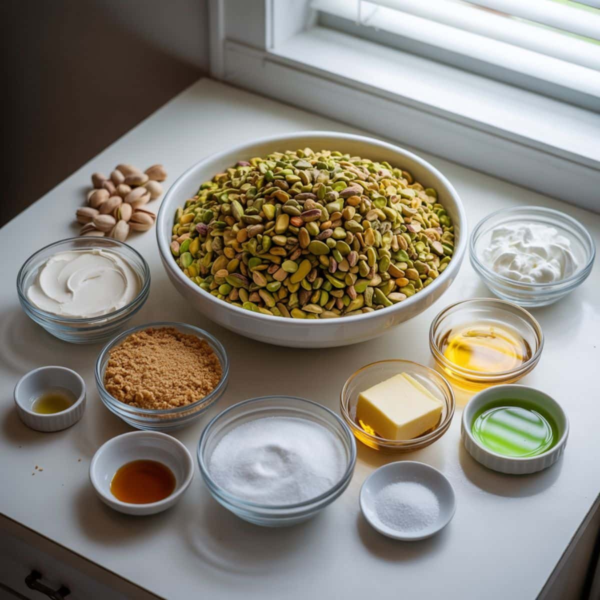 Measured ingredients for pistachio cheesecake on a white kitchen counter	