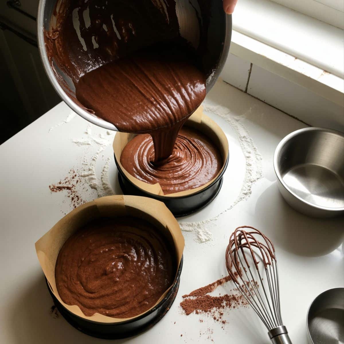 Mixing dark chocolate cake batter in a bowl and pouring into cake pans	