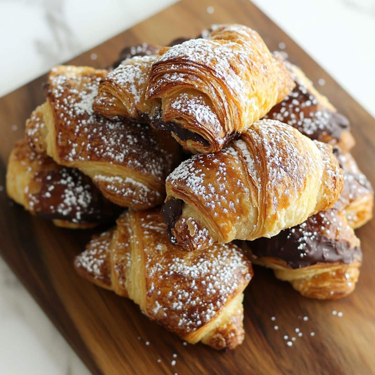 Golden brown chocolate croissants cooling