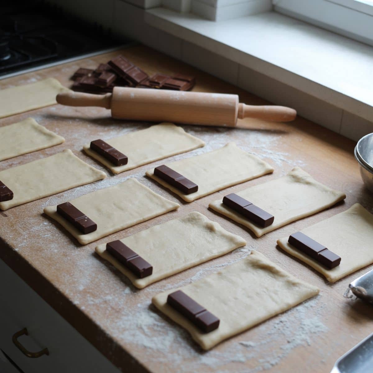 Croissant dough pieces being filled with chocolate and rolled	