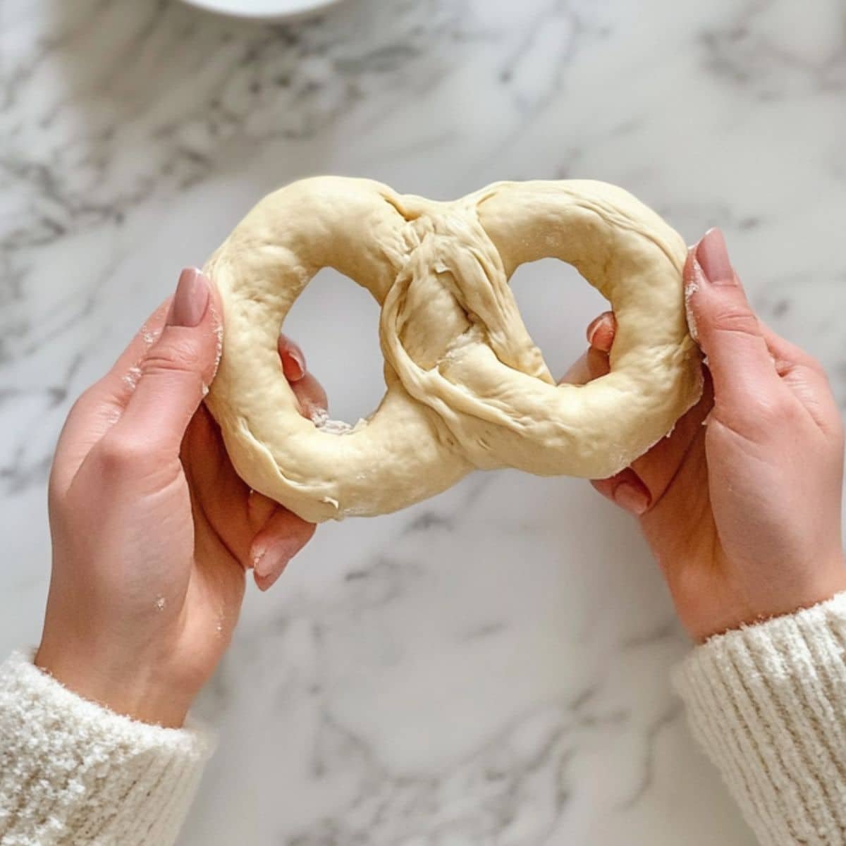 Hands twisting pretzel dough into classic shape on floured marble counter. Homey kitchen prep step.