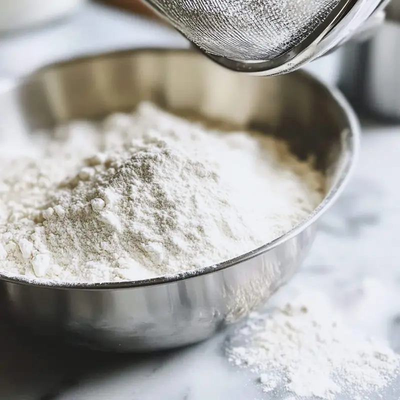 Dry ingredients for chiffon cake being sifted into a bowl on a white marble counter with soft light.
