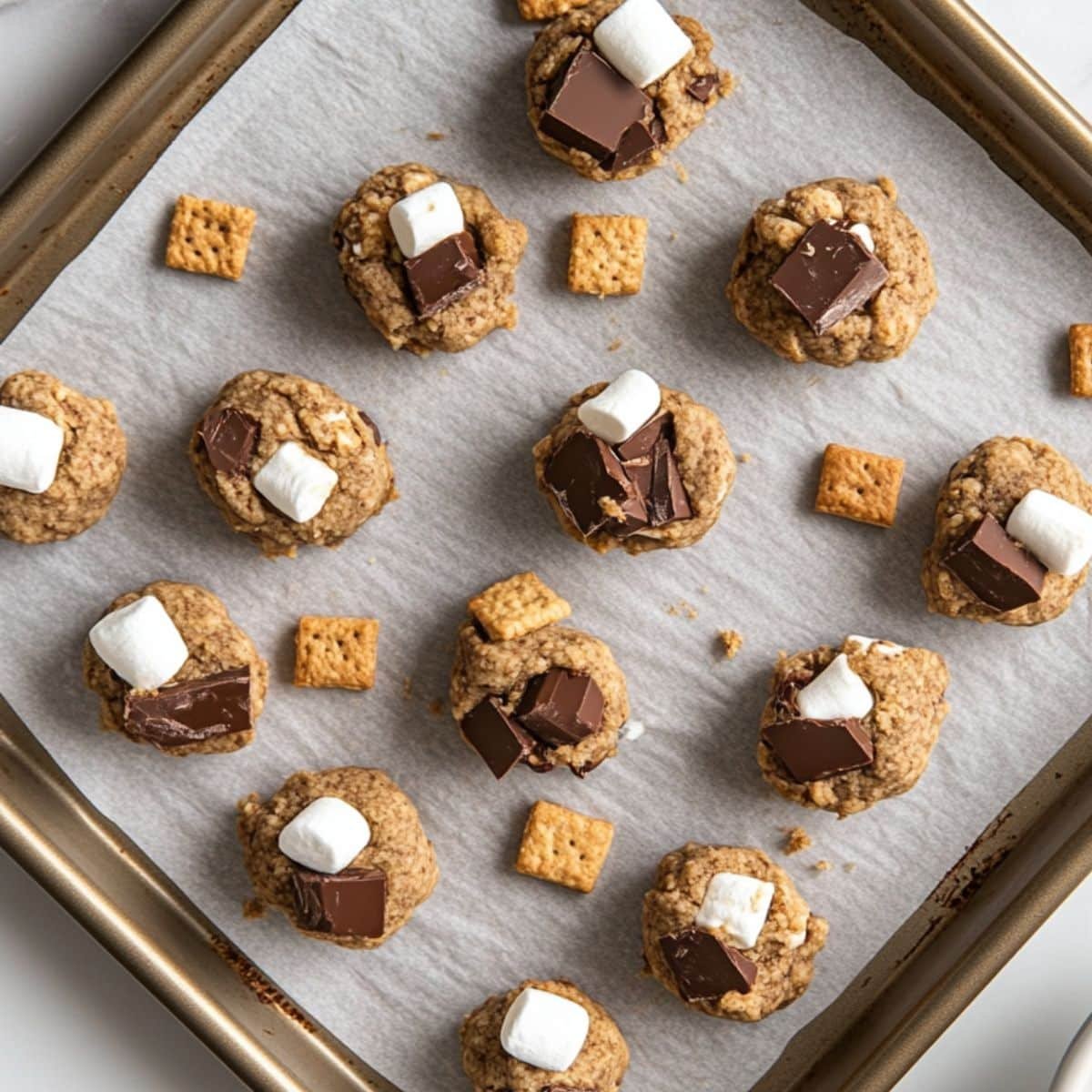 Cookie dough balls topped with marshmallows, graham crackers, and chocolate.	