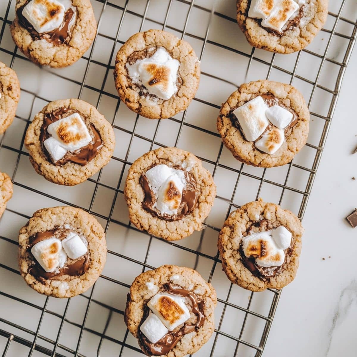 Freshly baked s’mores cookies cooling on a wire rack.