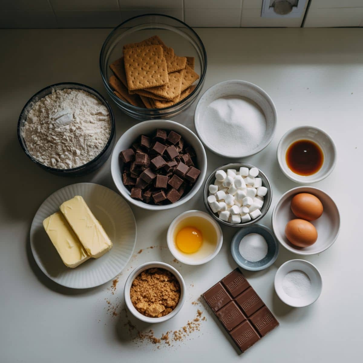 All ingredients for s’mores cookies laid out on a white counter.	