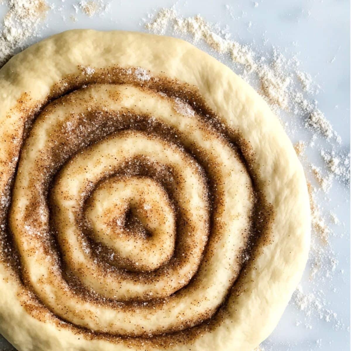 Dough for sourdough discard cinnamon rolls rolled out with cinnamon sugar filling. Homemade texture on a floured counter.