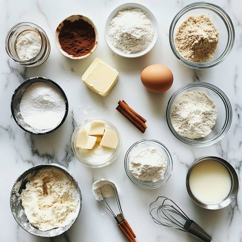 All ingredients for sourdough discard cinnamon rolls laid out on a white counter. A natural overhead view with casual home-baking feel.