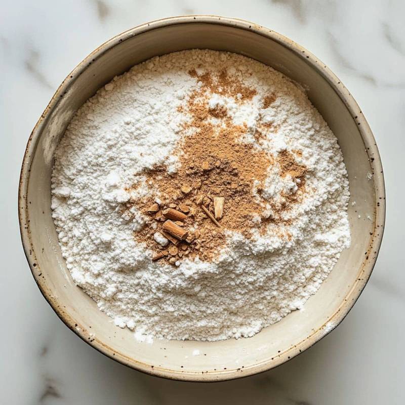 Flour and warm spices ready to be mixed for spice cake. Cinnamon, nutmeg, and ginger visible in bowl.