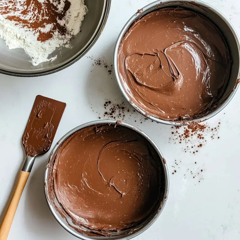 Chocolate cake batter poured into pans for baking.	