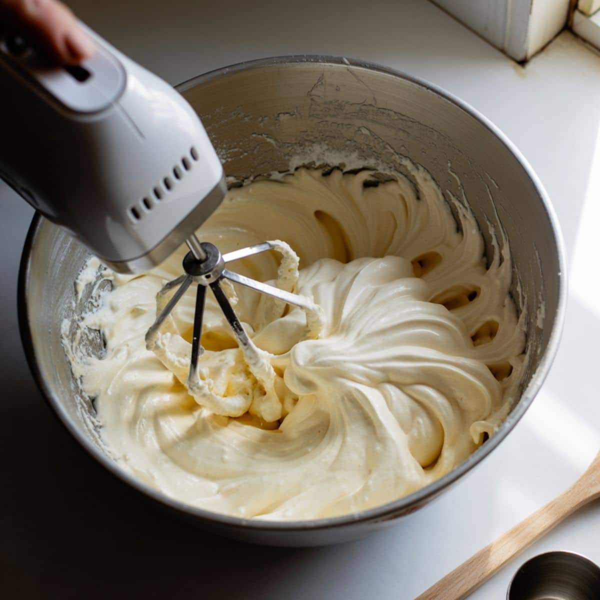 Mascarpone and whipped cream being mixed in a white bowl by hand mixer	