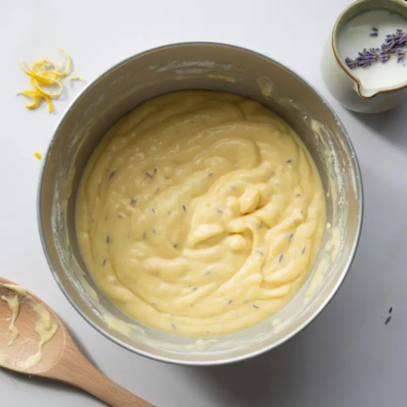Mixing lemon cake batter in a white bowl with floral lavender milk	