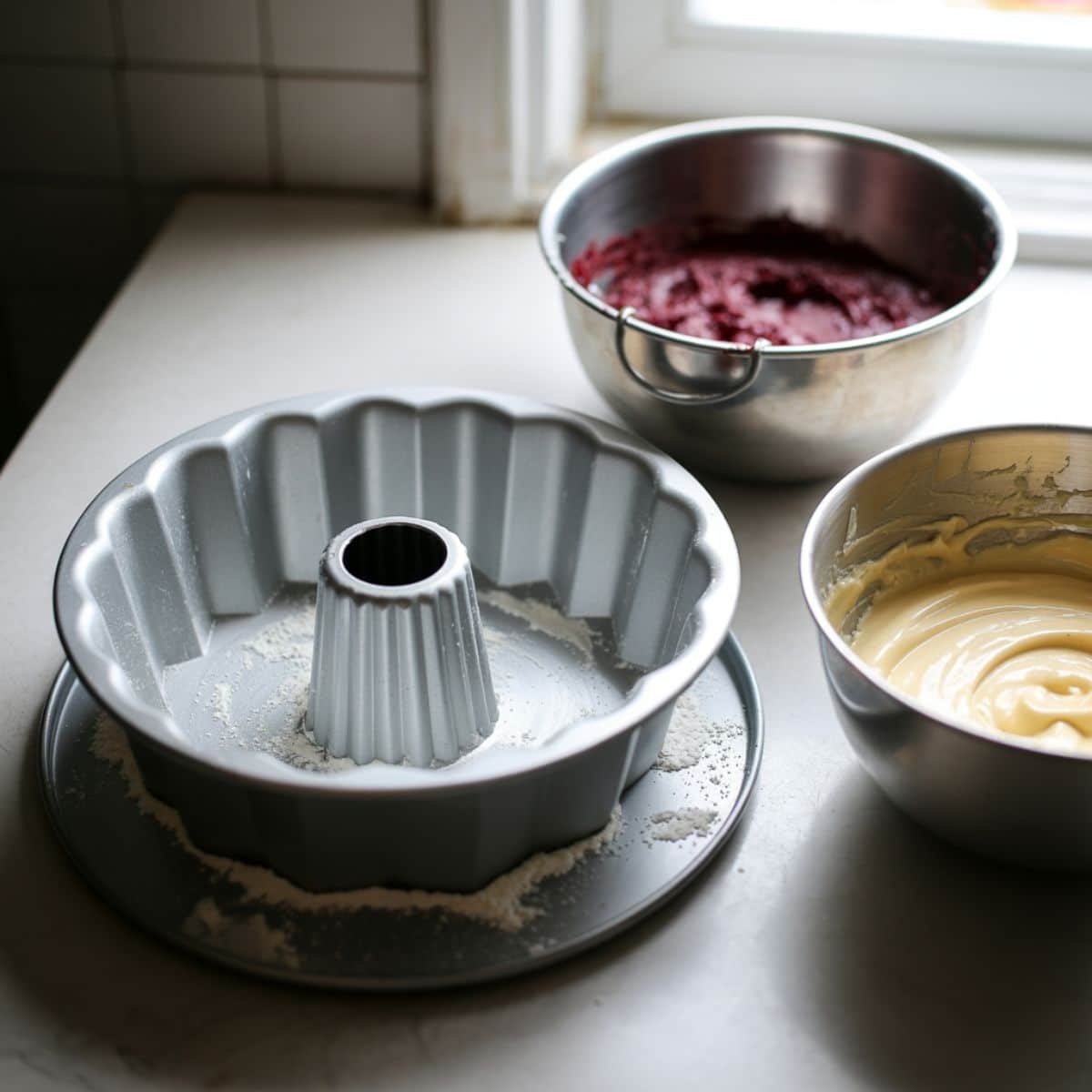 Greasing bundt pan and preparing red velvet and cheesecake fillings	