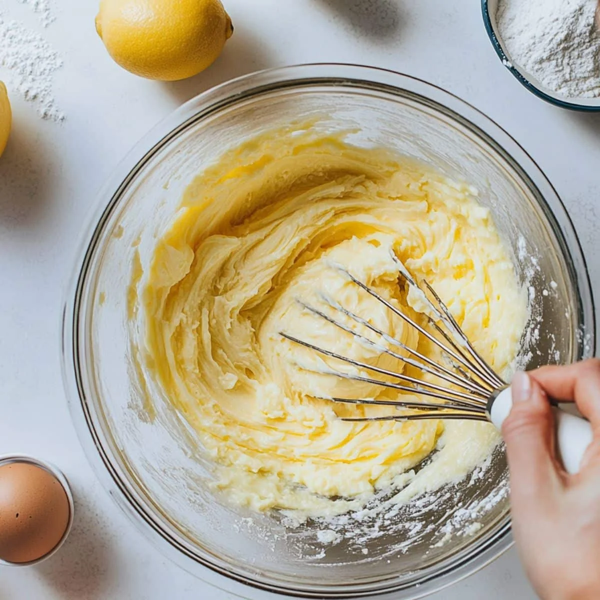 Mixing lemon madeleine batter in a bowl on white counter	