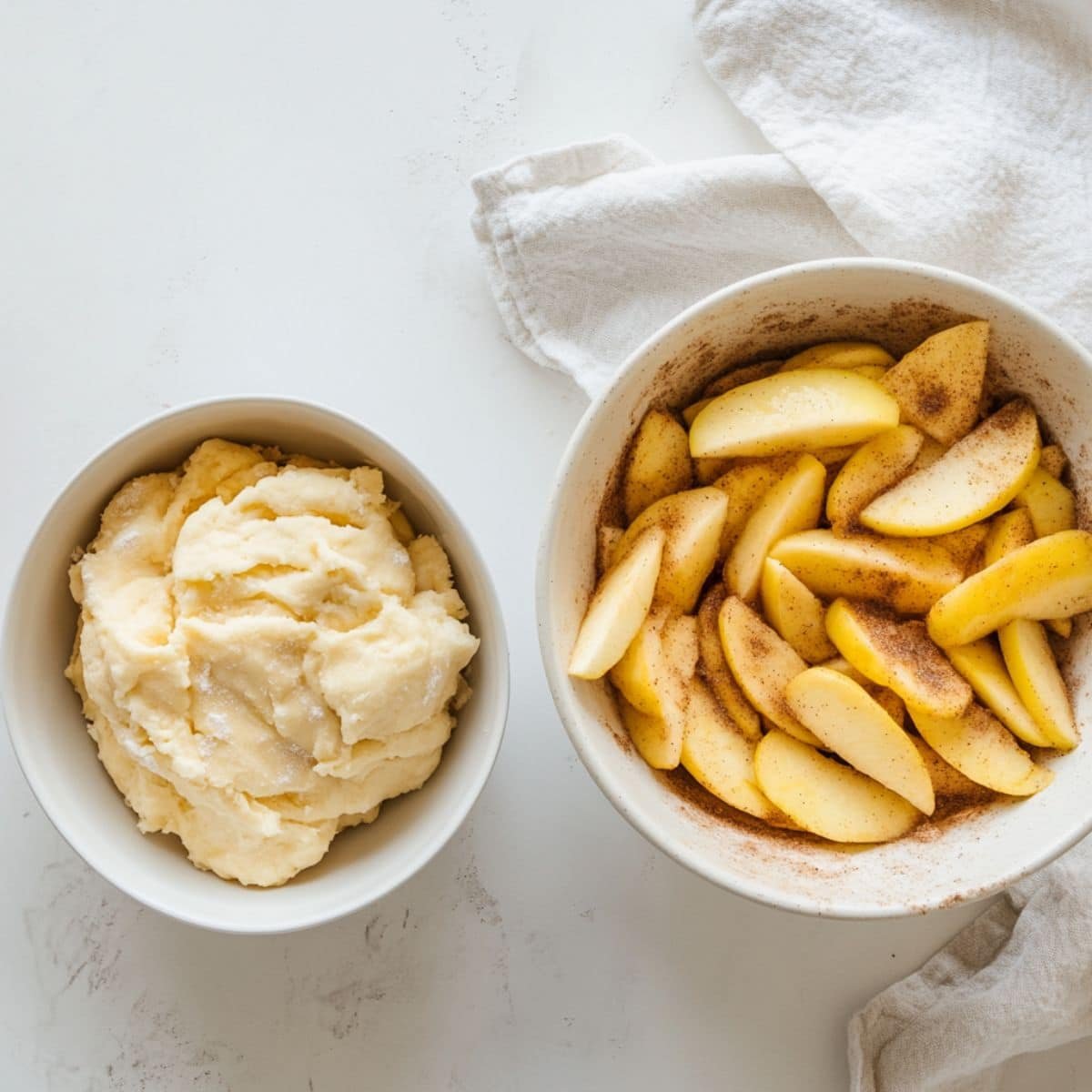 Mixing pastry dough and cinnamon apples on a white kitchen counter