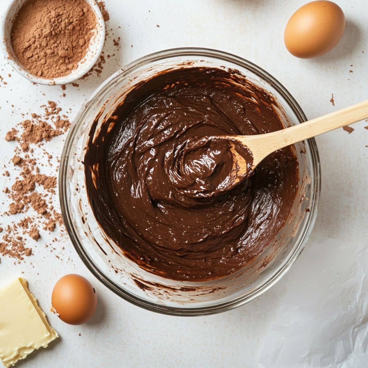 Mixing chocolate donut batter in a glass bowl on a white countertop	