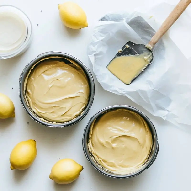 Lemon lavender cake batter in round cake pans ready to bake	