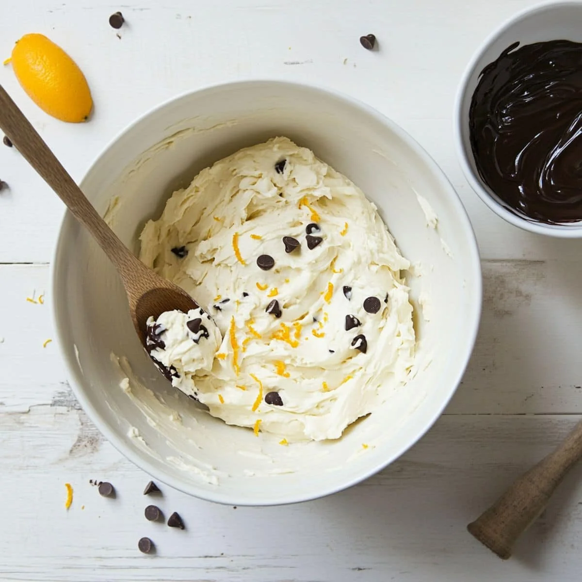 Cannoli filling and chocolate ganache prepared in mixing bowls.	