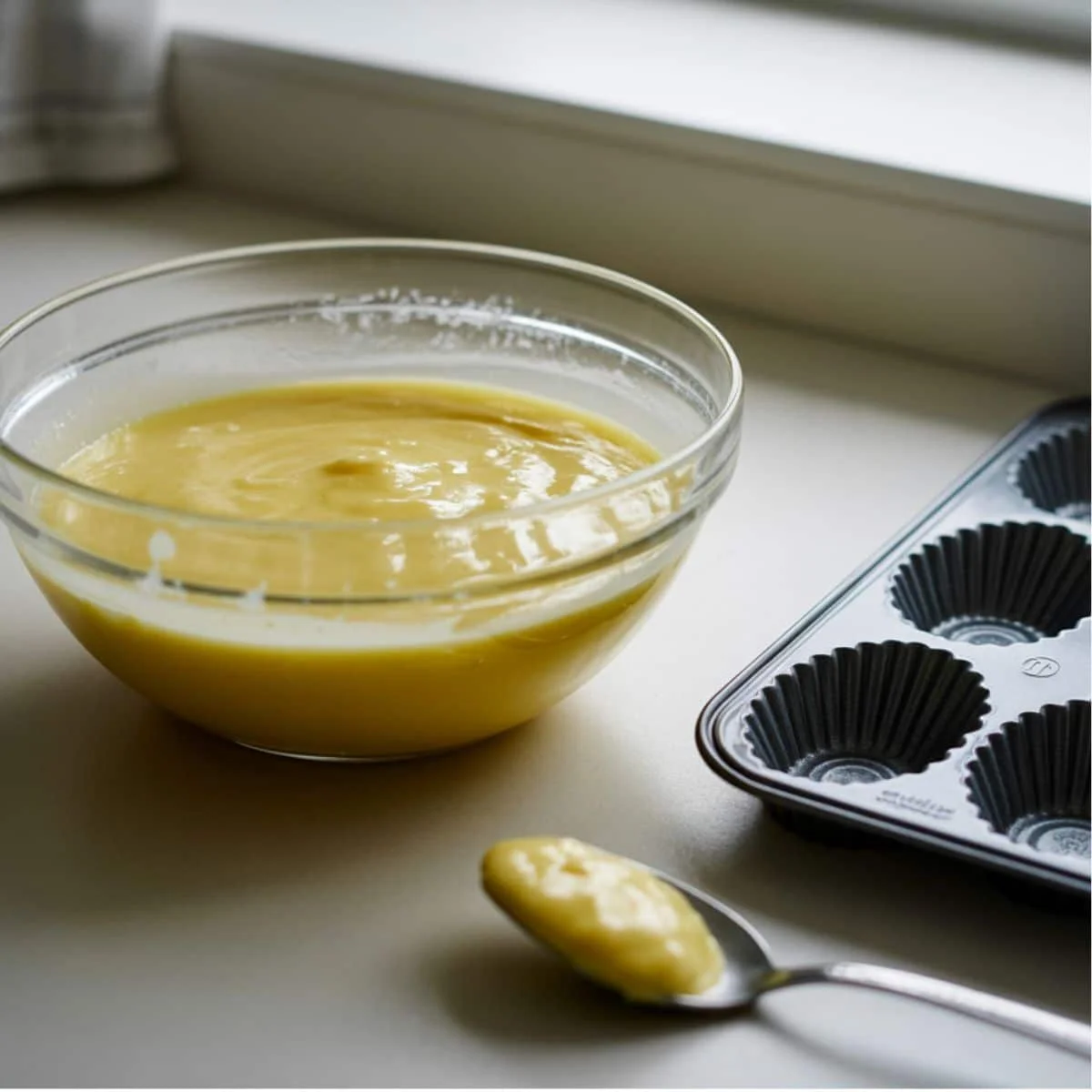Chilled lemon madeleine batter with a pan being filled on white counter	