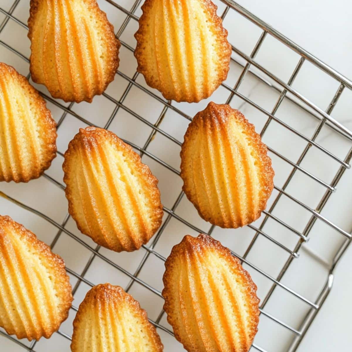 Golden lemon madeleines cooling on a wire rack on white kitchen counter	