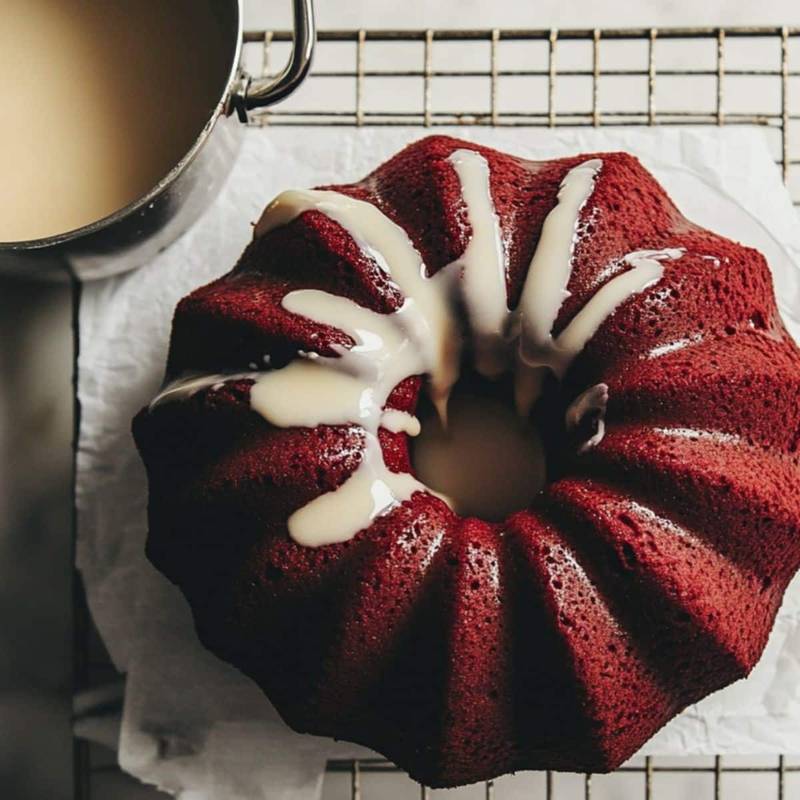 Freshly baked red velvet bundt cake being glazed on cooling rack	