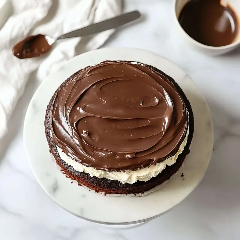 Assembling the chocolate cannoli cake with cream and ganache.	
