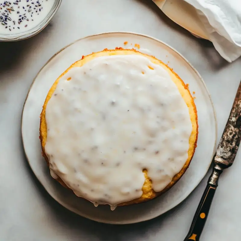 Drizzling glaze over a fully cooled lemon lavender cake	