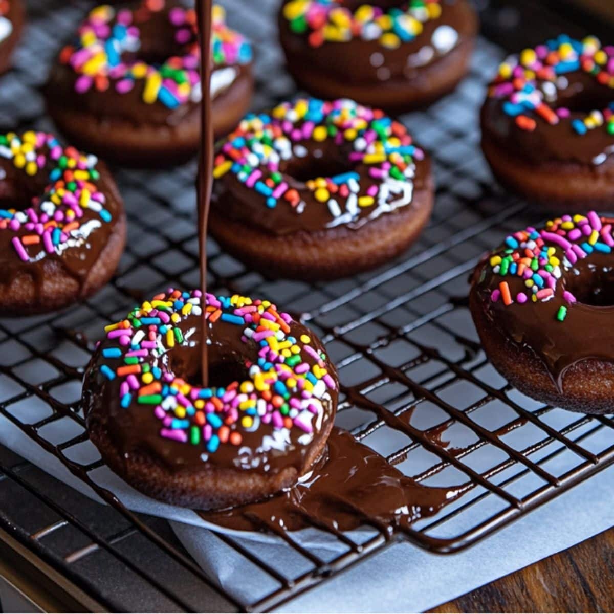 Dipping mini donuts in glaze and topping with sprinkles on a wire rack	