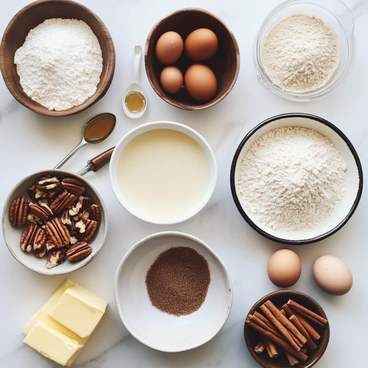 All sticky buns recipe ingredients in bowls on a white kitchen counter—flour, eggs, butter, sugar, and pecans.